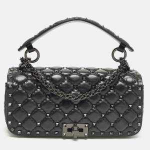Pre Owned Valentino Rockstud Spike Black Quilted Leather Top Handle Bag