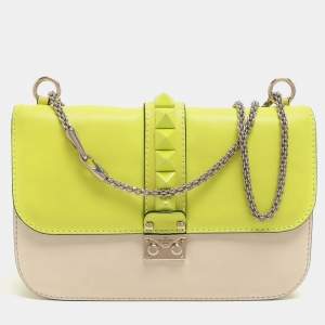 Pre Owned حقيبة فالنتينو غلام لوك جلد نيون أصفر/ كريمي روكستد متوسطة بقلاب