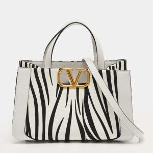 Pre Owned Valentino VLogo Small White/Black Zebra Print Canvas and Leather Tote