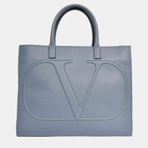 Pre Owned Valentino Blue Smooth Leather 'V' Logo Tote