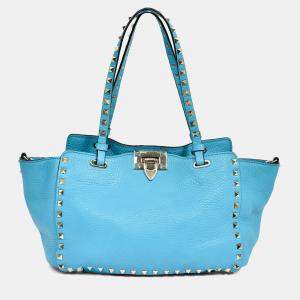 Pre Owned Valentino Blue Leather Small Rockstud Trapeze Tote with Strap