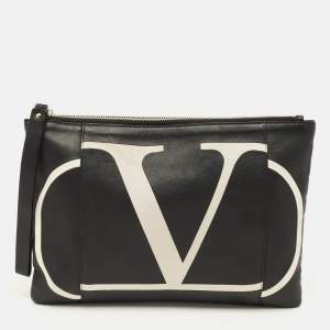 Pre Owned Valentino VLogo Signature Print Black/White Leather Wristlet Pouch