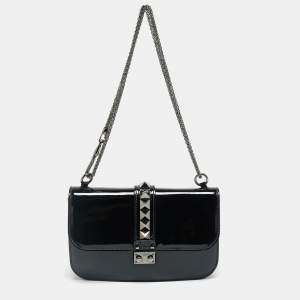 مملوكة مسبقًا Valentino Rockstud Glam Lock Medium Black Patent Leather Flap Bag