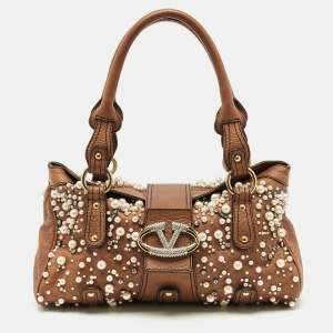 Pre Owned حقيبة فالنتينو مرصعة بلآلئ ومسامير جلد بني كريستال كاتش