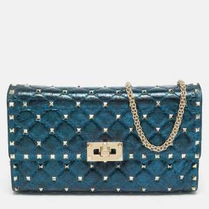 Pre Owned Valentino Rockstud Spike Metallic Blue Quilted Leather Chain Clutch