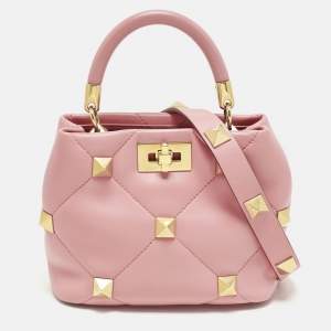 Pre Owned Valentino Roman Stud Small Pink Quilted Leather Top Handle Bag