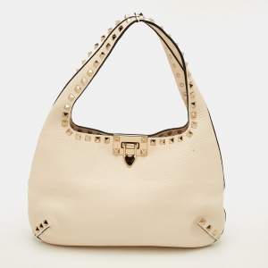 Pre Owned Valentino Rockstud Small Cream Leather Flip Lock Hobo