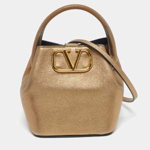 Pre Owned Valentino VLogo Mini Gold Leather Bucket Bag