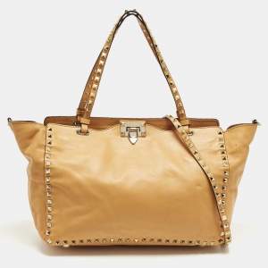 Pre Owned Valentino Rockstud Trapeze Medium Mustard Leather Tote