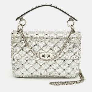 Pre Owned Valentino Rockstud Spike Medium Silver Quilted Leather Shoulder Bag