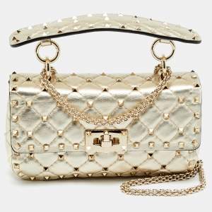 مملوكة مسبقًا Valentino Rockstud Spike Chain Small Gold Quilted Leather Shoulder Bag