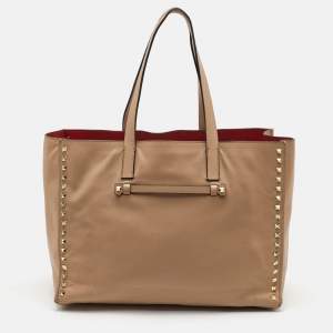Pre Owned Valentino Rockstud Beige Leather Tote