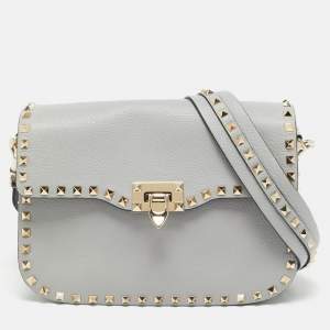 Pre Owned Valentino Rockstud Flap Medium Grey Leather Shoulder Bag