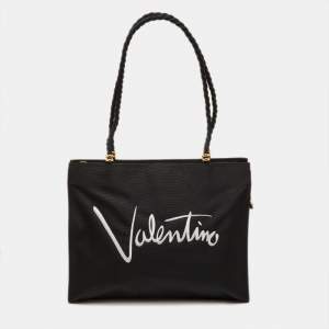 Pre Owned Valentino Garavani Sport Rope Handle Black Canvas Logo Embroidered Tote