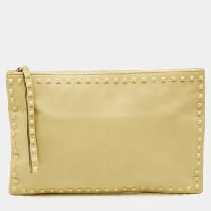 Pre Owned Valentino Rockstud Yellow Leather Wristlet Clutch
