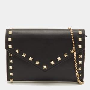 Pre Owned Valentino Rockstud Black Leather Envelope Flap Chain Clutch