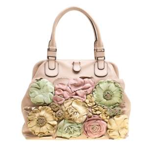 Pre Owned Valentino Beige/Multicolor Leather Floral Applique Frame Satchel