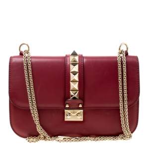 Pre Owned Valentino Burgundy Leather Rockstud Medium Glam Lock Flap Bag