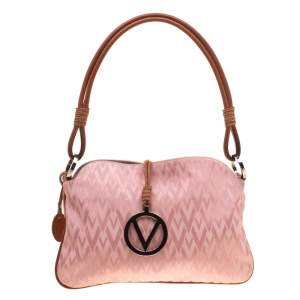 Pre Owned Valentino Pink/Brown Fabric and Leather Logo Charm Shoulder Bag