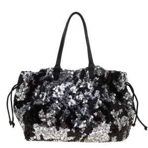Pre Owned Valentino Black Sequins and Leather Glam Tote