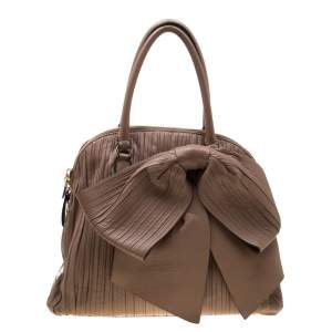 Pre Owned Valentino Dark Beige Pleated Leather Bow Dome Satchel