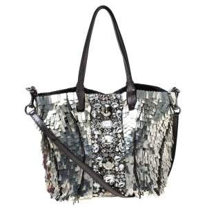 Pre Owned Valentino Black/Silver Crystal Embellished Satin and Leather Tote