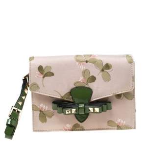 Pre Owned Valentino Green/Beige Floral Print Fabric Studded Bow Wristlet Clutch
