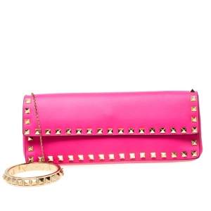 Pre Owned Valentino Neon Pink Leather Rockstud Bracelet Clutch