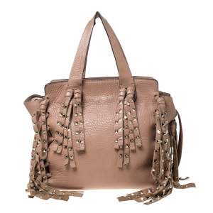 Pre Owned Valentino Beige Leather Rockstud Fringed Tote