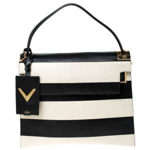 Pre Owned Valentino Black/White Striped Leather My Rockstud Top Handle Bag