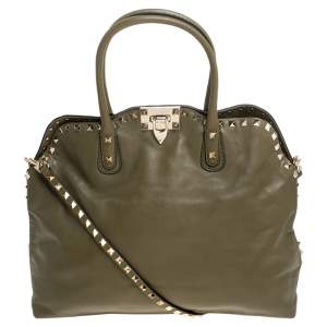 Pre Owned Valentino Khaki Green Leather Rockstud Satchel