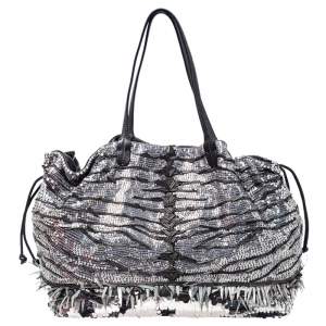 Pre Owned Valentino Silver/Olive Green Sequins Embellished Fabric and Leather Tote