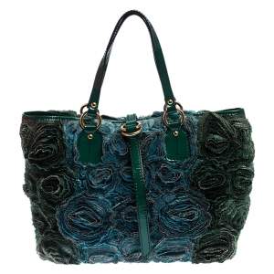 Pre Owned Valentino Green Silk and Patent Leather Organza Rosier Tote