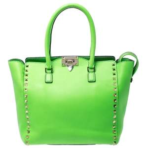 Pre Owned Valentino Neon Green Leather Rockstud Trapeze Tote