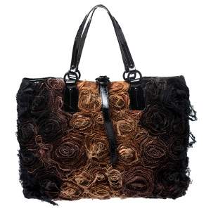 Pre Owned Valentino Beige/Black Silk and Patent Leather Organza Rosier Tote