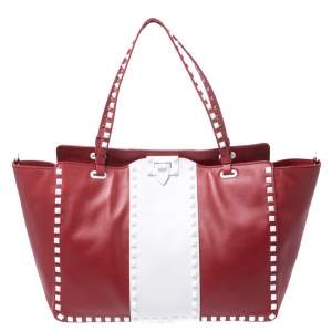 Pre Owned Valentino Red/White Leather Rockstud Tote