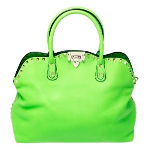 Pre Owned Valentino Neon Green Leather Rockstud Tote