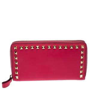 Pre Owned Valentino Hot Pink Leather Rockstud Zip Around Wallet