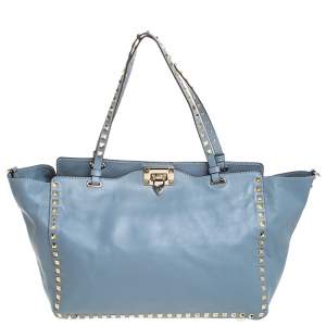 Pre Owned Valentino Blueish Grey Leather Medium Rockstud Tote