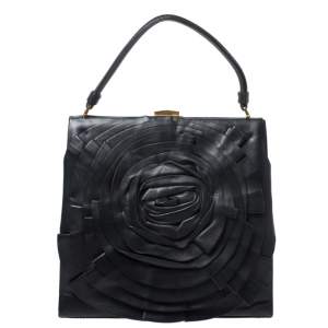 Pre Owned Valentino Black Leather Rose Kisslock Frame Top Handle Bag