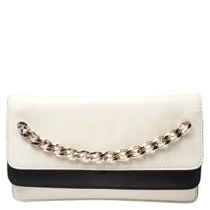 Pre Owned Valentino White/Black Leather Chain Double Flap Clutch