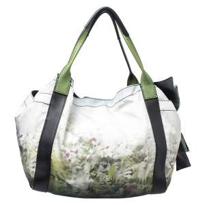 Pre Owned Valentino Green/Black Printed Nylon and Leather Double Pocket Bow Tote
