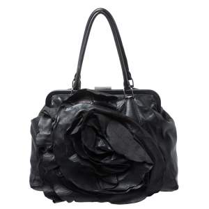 Pre Owned Valentino Black Leather Petale Rose Frame Bag