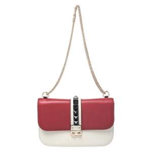 Pre Owned Valentino Tricolor Leather Rockstud Medium Glam Lock Flap Bag