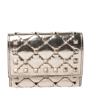 Pre Owned Valentino Gold Patent Leather Rockstud Spike Flap Wallet