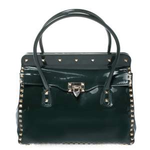 Pre Owned Valentino Green Patent Leather Studded Tote