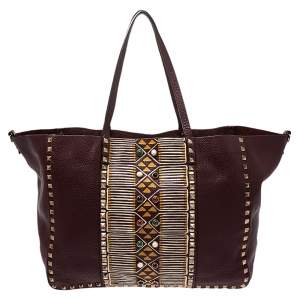 Pre Owned Valentino Burgundy Leather Tribal Rockstud Tote