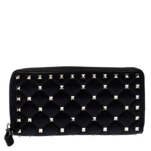 Pre Owned Valentino Black Quilted Leather Rockstud Spike Zip Around Wallet