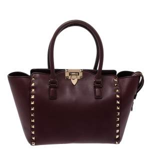 Pre Owned Valentino Burgundy Leather Small Rockstud Trapeze Tote