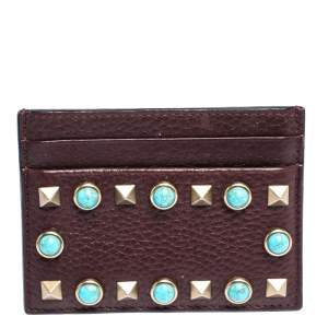 Pre Owned Valentino Dark Burgundy Leather Rockstud Slim Card Holder